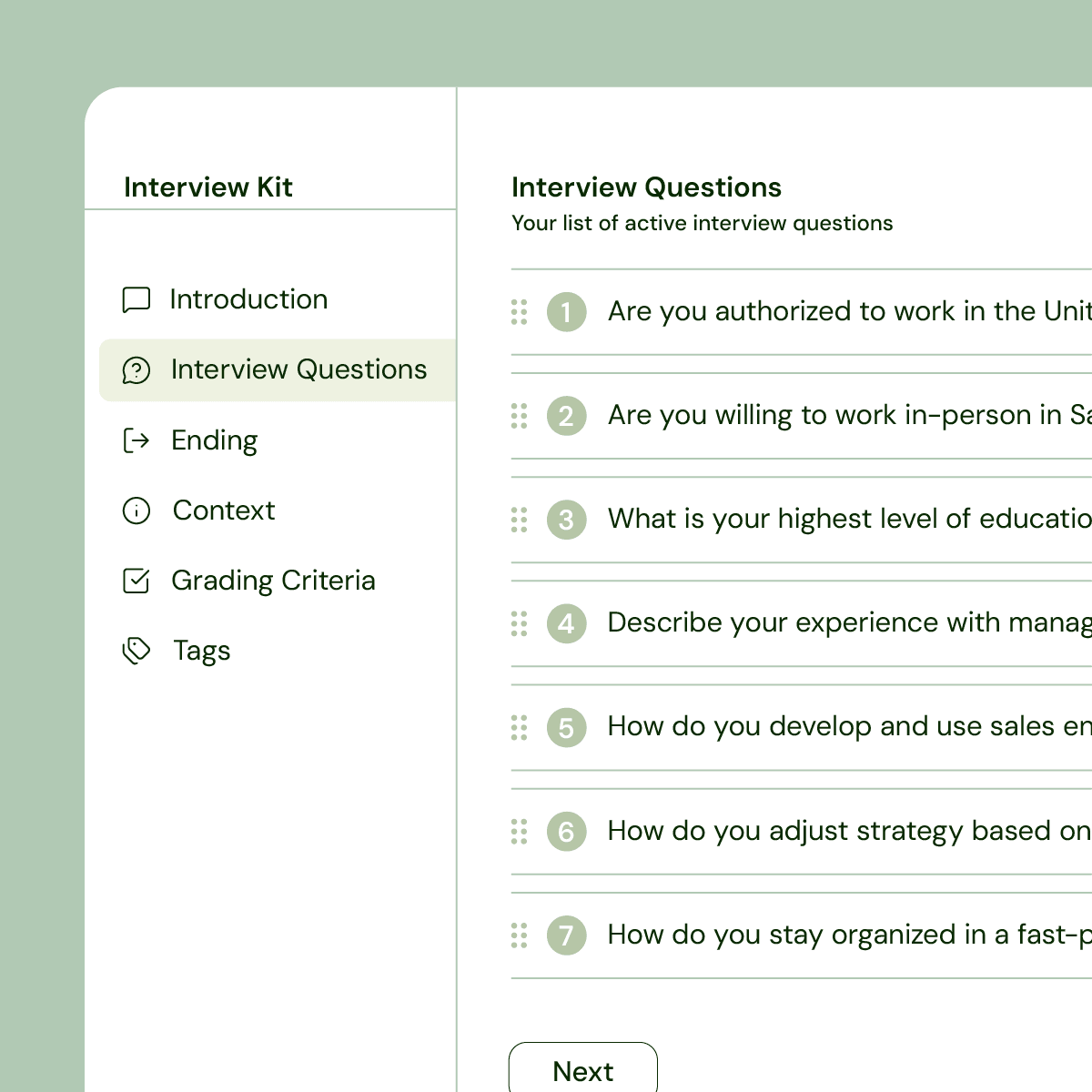 Alex Interview Kit with structured questions and standardized evaluation framework