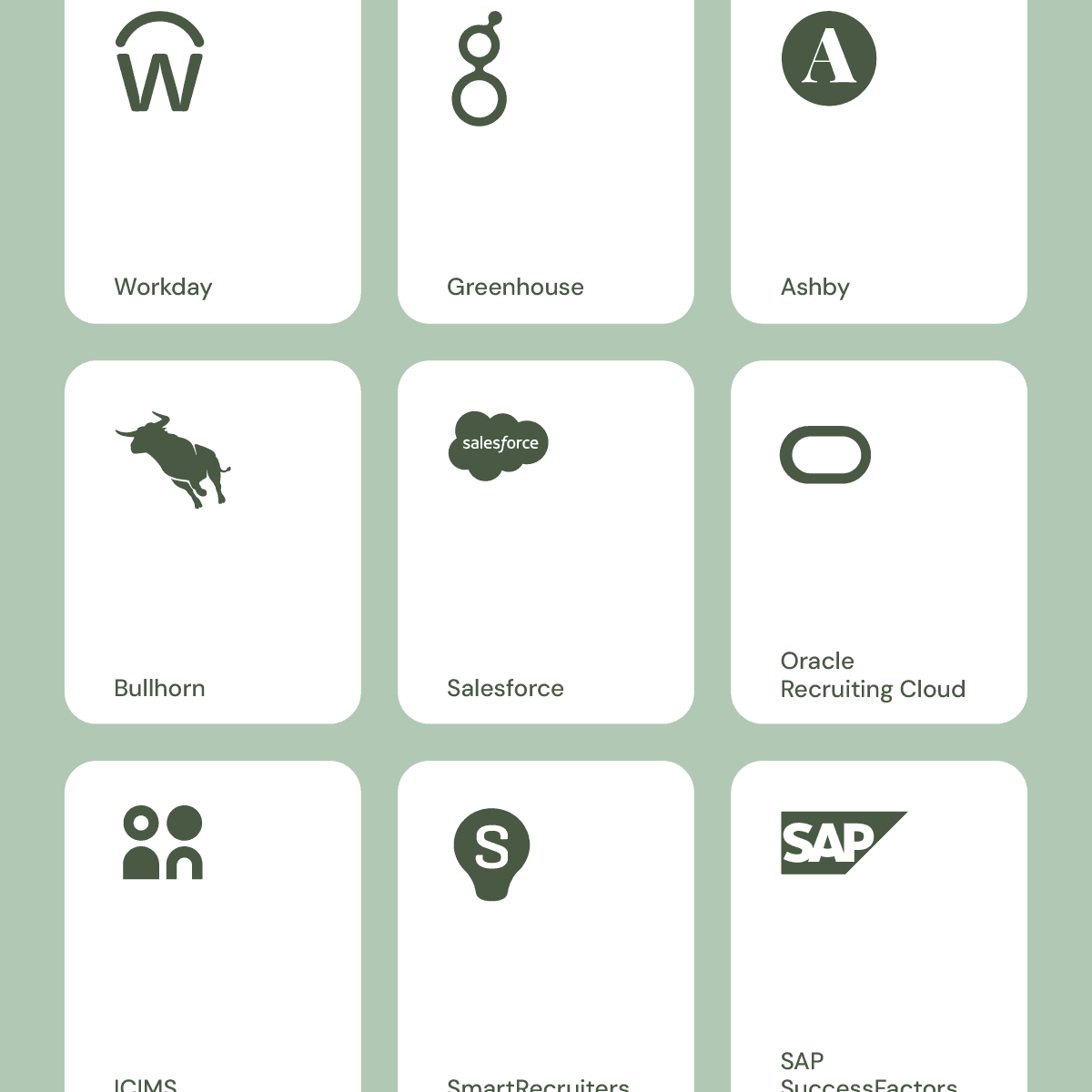 33+ ATS integrations including Workday, Greenhouse, iCIMS, Bullhorn, and Lever